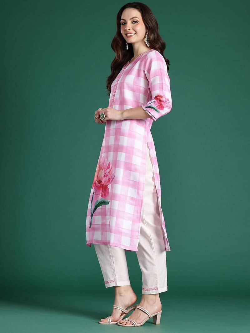 Floral Printed Beads and Stones Linen Kurta with Trousers & With Dupatta