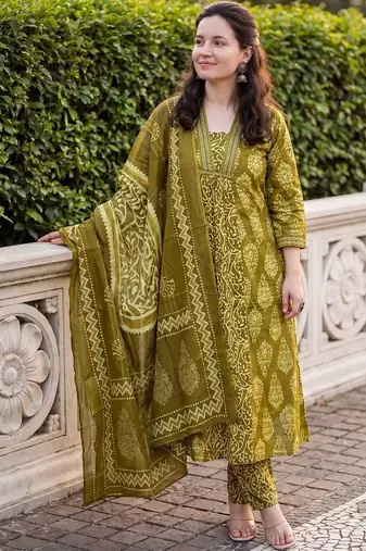 Women Ethnic Motifs Printed Regular Pure Cotton Kurta with Trousers & With Dupatta