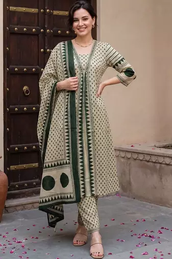 Women Printed Regular Pure Cotton Kurta with Trousers & With Dupatta