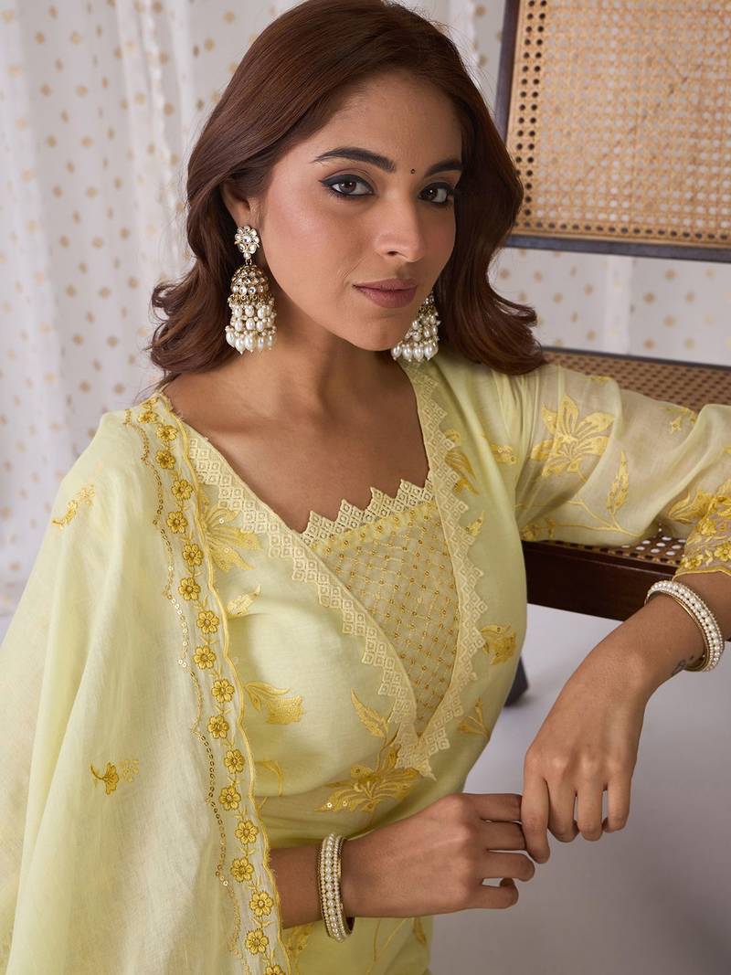 Floral Embroidered V-Neck Thread Work Pure Cotton Kurta with Trousers & Dupatta