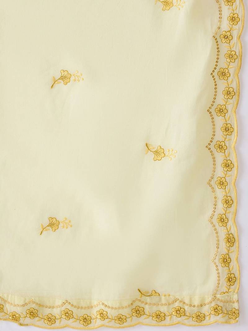 Floral Embroidered V-Neck Thread Work Pure Cotton Kurta with Trousers & Dupatta
