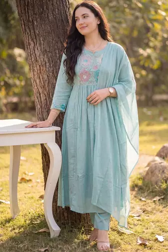 Women Floral Embroidered Panelled Thread Work Pure Cotton Kurta with Trousers & With Dupatta