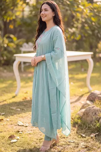 Women Floral Embroidered Panelled Thread Work Pure Cotton Kurta with Trousers & With Dupatta