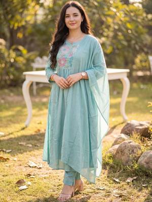 Women Floral Embroidered Panelled Thread Work Pure Cotton Kurta with Trousers & With Dupatta 6