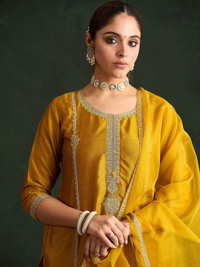 Women Embroidered Regular Sequinned Kurta with Trousers & With Dupatta