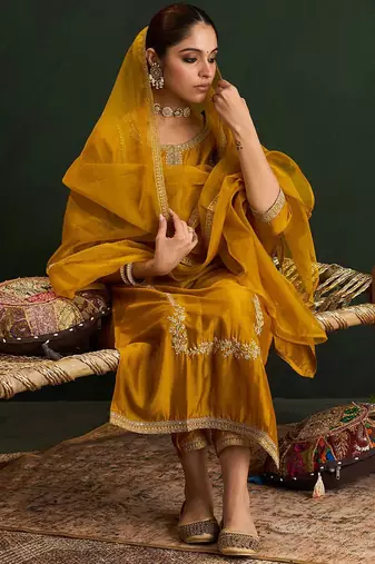 Women Embroidered Regular Sequinned Kurta with Trousers & With Dupatta