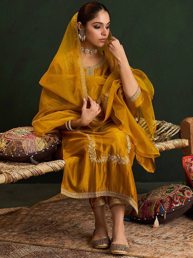 Women Embroidered Regular Sequinned Kurta with Trousers & With Dupatta