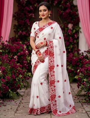 White & red color rangoli silk blend embroidered work saree 1