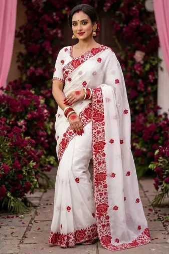 White & red color rangoli silk blend embroidered work saree