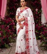 White & red color rangoli silk blend embroidered work saree