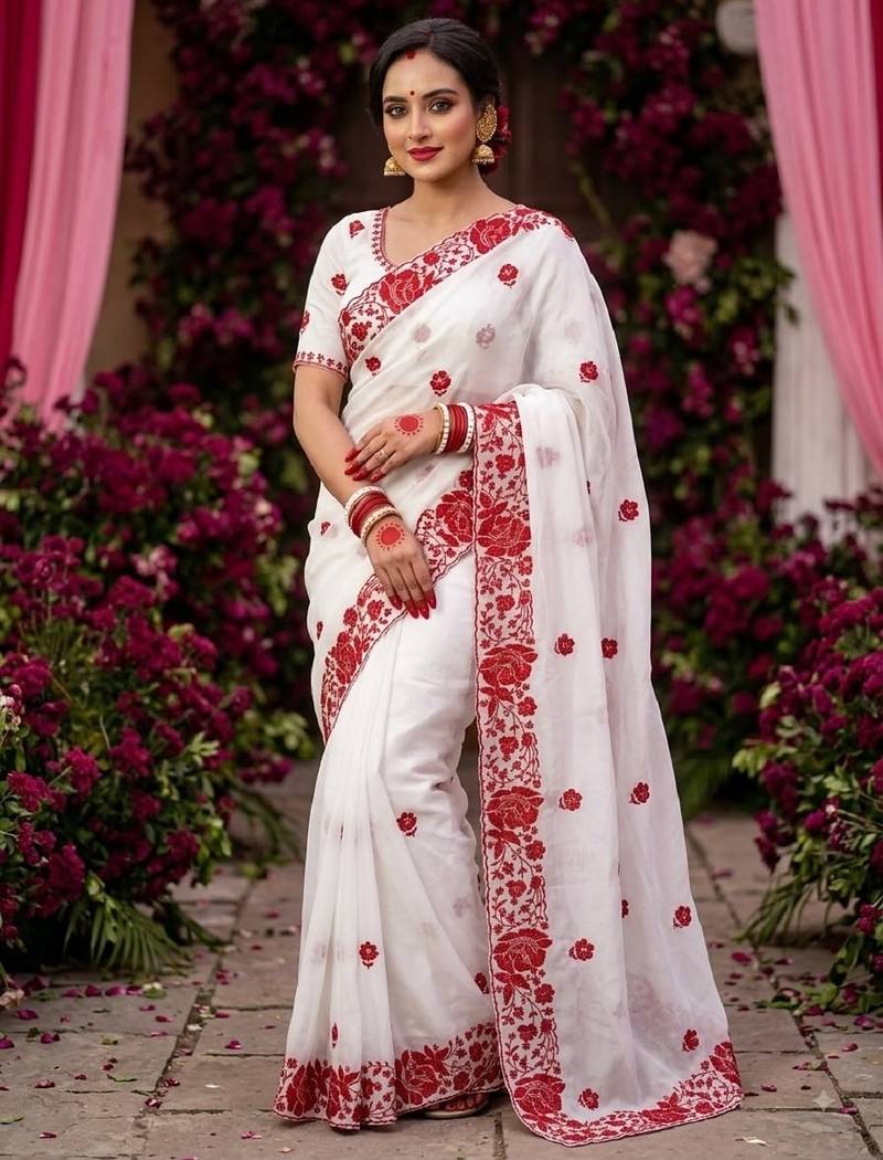 White & red color rangoli silk blend embroidered work saree