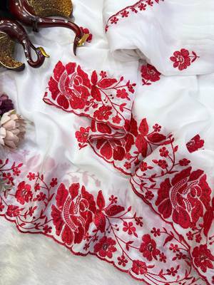 White & red color rangoli silk blend embroidered work saree 2