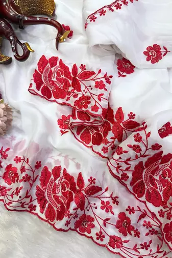 White & red color rangoli silk blend embroidered work saree