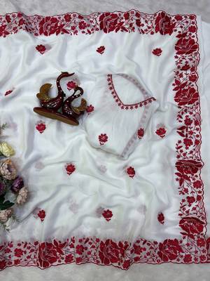 White & red color rangoli silk blend embroidered work saree 3