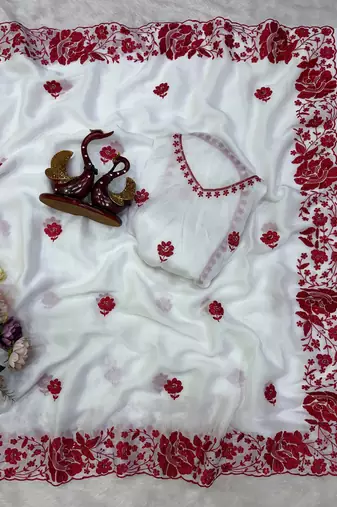 White & red color rangoli silk blend embroidered work saree
