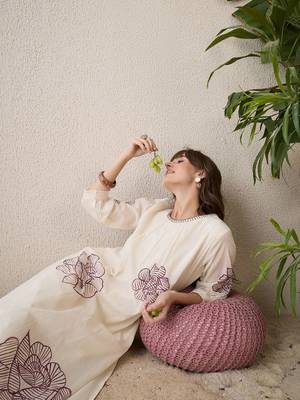 Floral Printed Pleated Round Neck Pure Cotton A-Line Kurta With Trousers 1