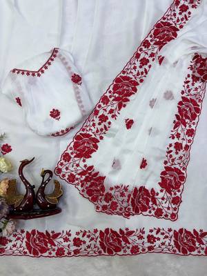 White & red color rangoli silk blend embroidered work saree 4