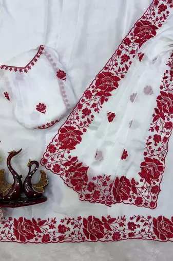 White & red color rangoli silk blend embroidered work saree