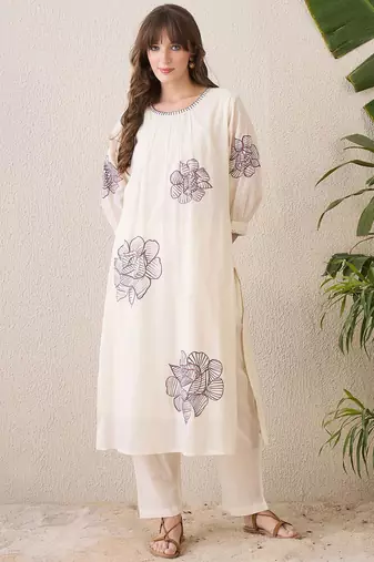 Floral Printed Pleated Round Neck Pure Cotton A-Line Kurta With Trousers