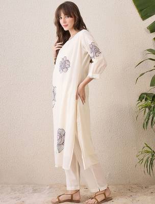 Floral Printed Pleated Round Neck Pure Cotton A-Line Kurta With Trousers 4