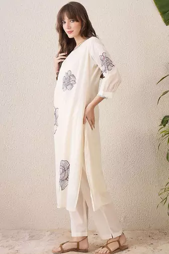 Floral Printed Pleated Round Neck Pure Cotton A-Line Kurta With Trousers