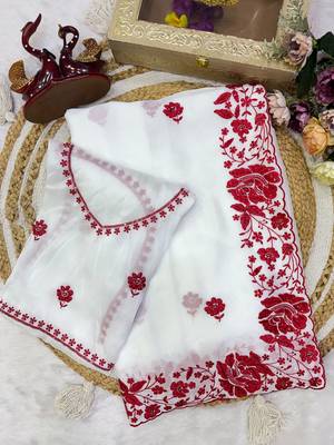 White & red color rangoli silk blend embroidered work saree 5