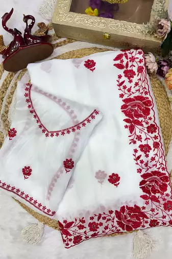 White & red color rangoli silk blend embroidered work saree