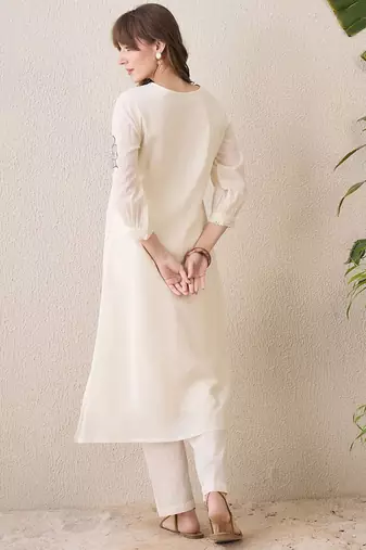 Floral Printed Pleated Round Neck Pure Cotton A-Line Kurta With Trousers