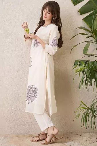 Floral Printed Pleated Round Neck Pure Cotton A-Line Kurta With Trousers