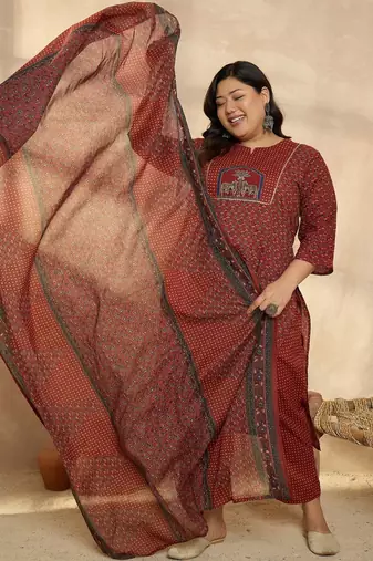 Plus Size Motifs Printed Regular Pure Cotton Kurta with Trousers & With Dupatta