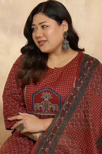Plus Size Motifs Printed Regular Pure Cotton Kurta with Trousers & With Dupatta
