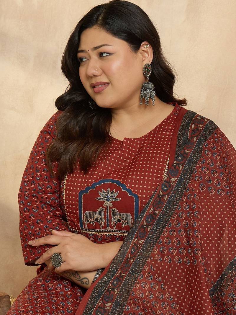 Plus Size Motifs Printed Regular Pure Cotton Kurta with Trousers & With Dupatta