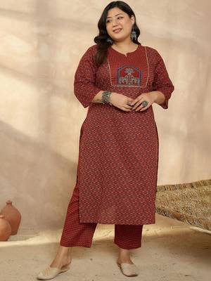 Plus Size Motifs Printed Regular Pure Cotton Kurta with Trousers & With Dupatta 3