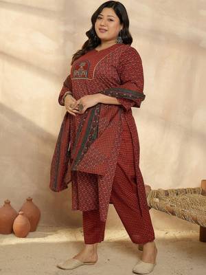 Plus Size Motifs Printed Regular Pure Cotton Kurta with Trousers & With Dupatta 4