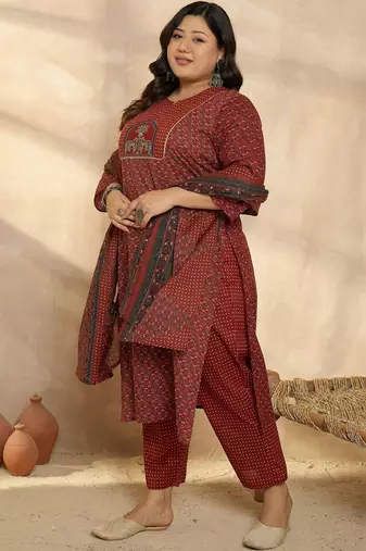 Plus Size Motifs Printed Regular Pure Cotton Kurta with Trousers & With Dupatta