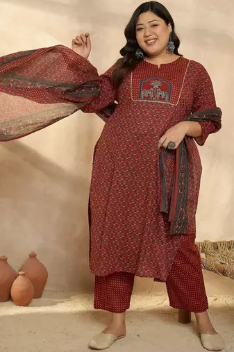 Plus Size Motifs Printed Regular Pure Cotton Kurta with Trousers & With Dupatta