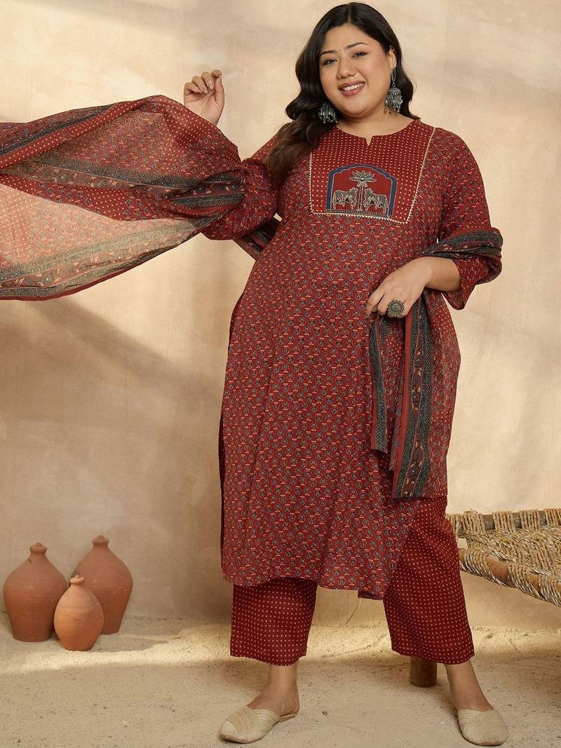 Plus Size Motifs Printed Regular Pure Cotton Kurta with Trousers & With Dupatta
