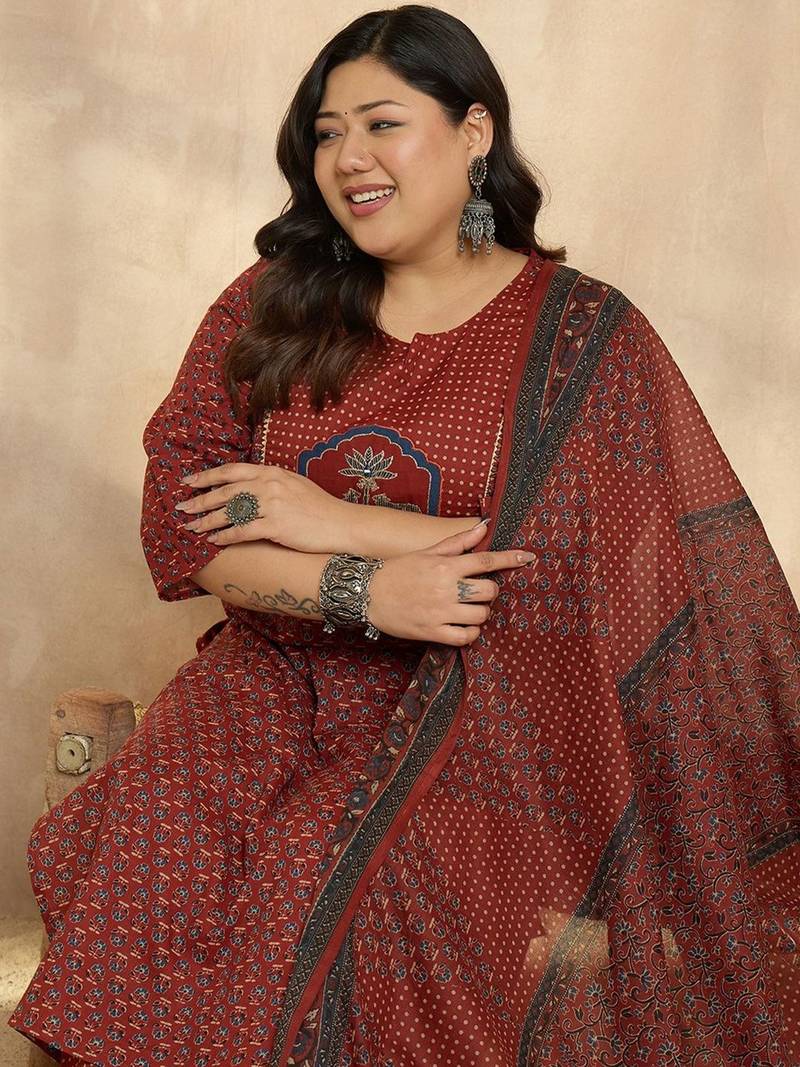 Plus Size Motifs Printed Regular Pure Cotton Kurta with Trousers & With Dupatta