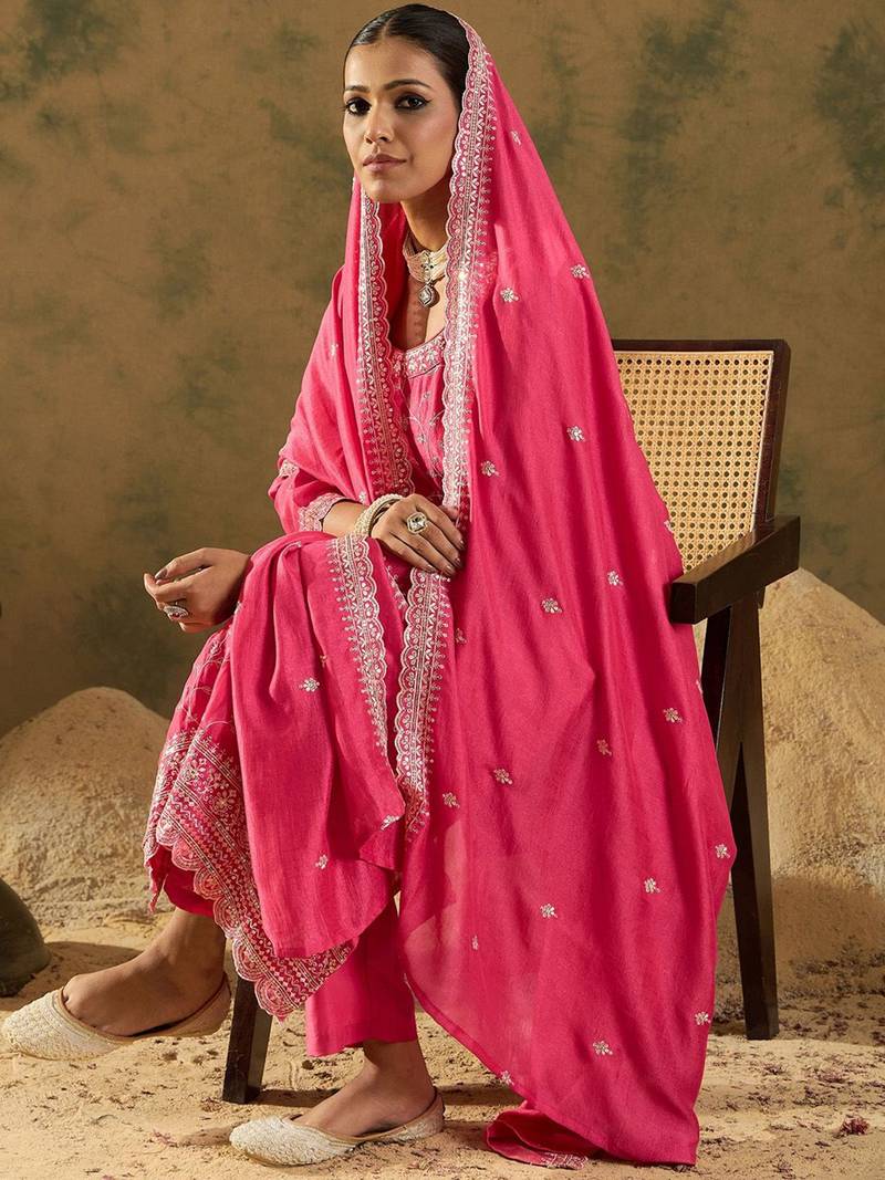 Women Ethnic Motifs Embroidered Regular Thread Work Kurta with Trousers & With Dupatta