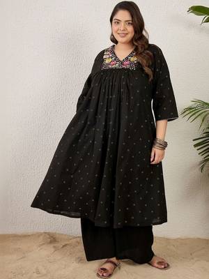 Plus Size Black Embroidered A-Line Kurta Palazzos Set 1