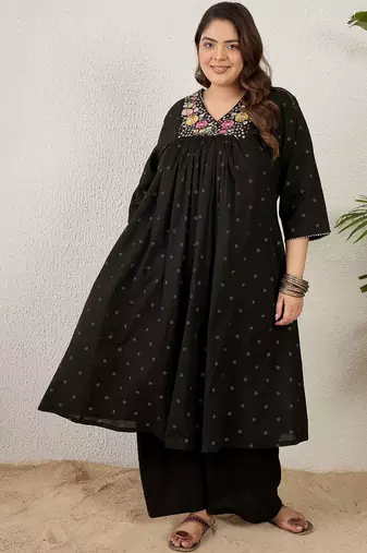 Plus Size Black Embroidered A-Line Kurta Palazzos Set