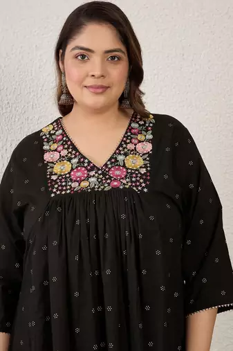 Plus Size Black Embroidered A-Line Kurta Palazzos Set