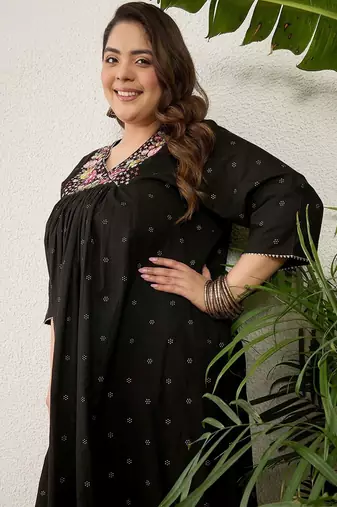 Plus Size Black Embroidered A-Line Kurta Palazzos Set