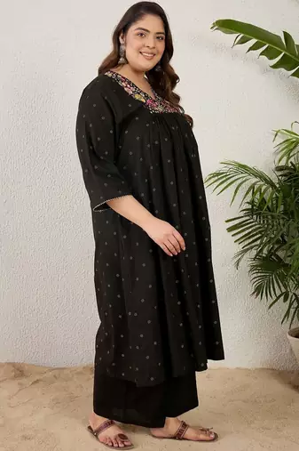 Plus Size Black Embroidered A-Line Kurta Palazzos Set