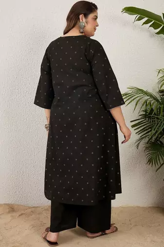 Plus Size Black Embroidered A-Line Kurta Palazzos Set