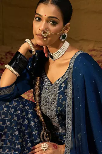 Ethnic Motifs Embroidered V-Neck Jacquard Straight Kurta With Trousers & Dupatta