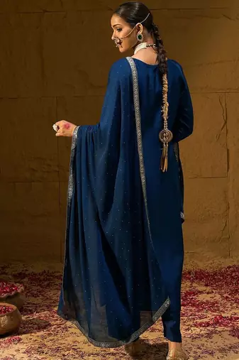 Ethnic Motifs Embroidered V-Neck Jacquard Straight Kurta With Trousers & Dupatta