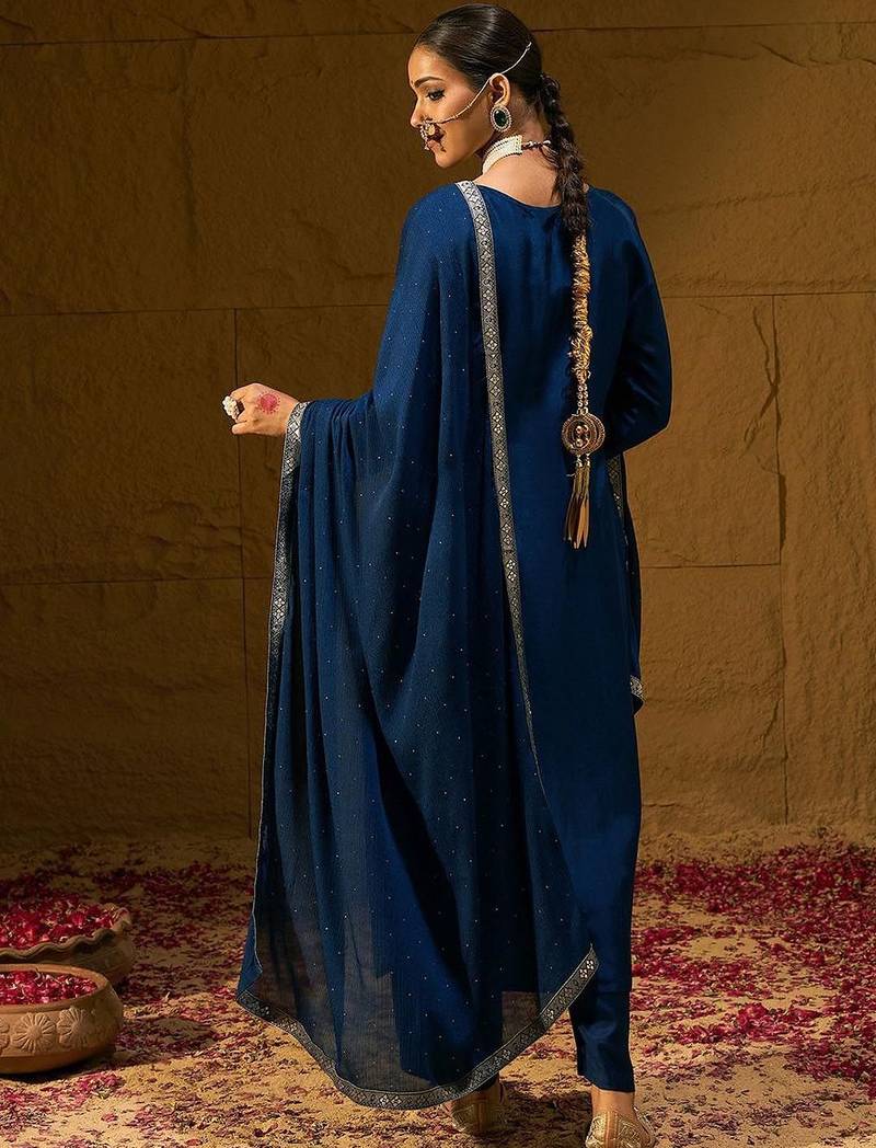 Ethnic Motifs Embroidered V-Neck Jacquard Straight Kurta With Trousers & Dupatta