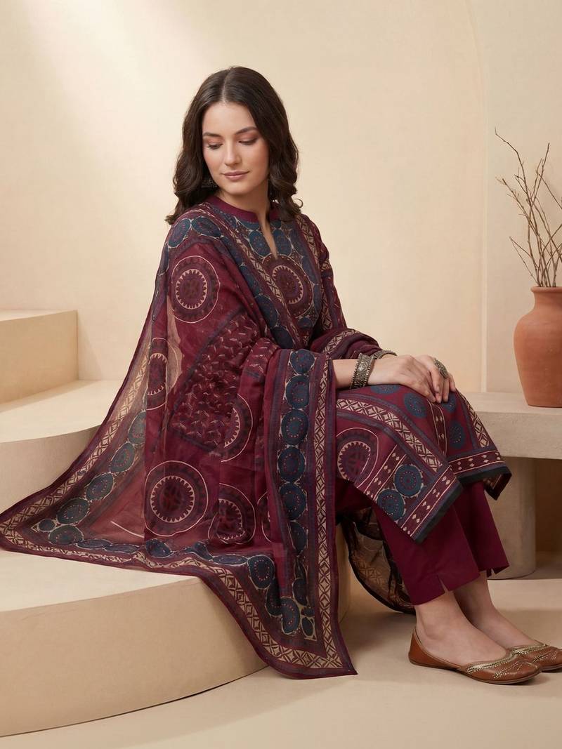 Women Ethnic Motifs Printed Regular Mirror Work Pure Cotton Kurta with Trousers & With Dupatta