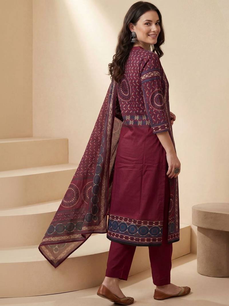 Women Ethnic Motifs Printed Regular Mirror Work Pure Cotton Kurta with Trousers & With Dupatta